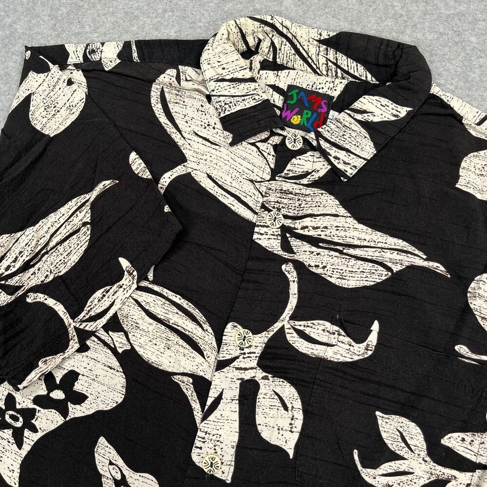 Jams World Shirt Mens Large Black Floral Rayon Camp Tropical Aloha Hawaii USA